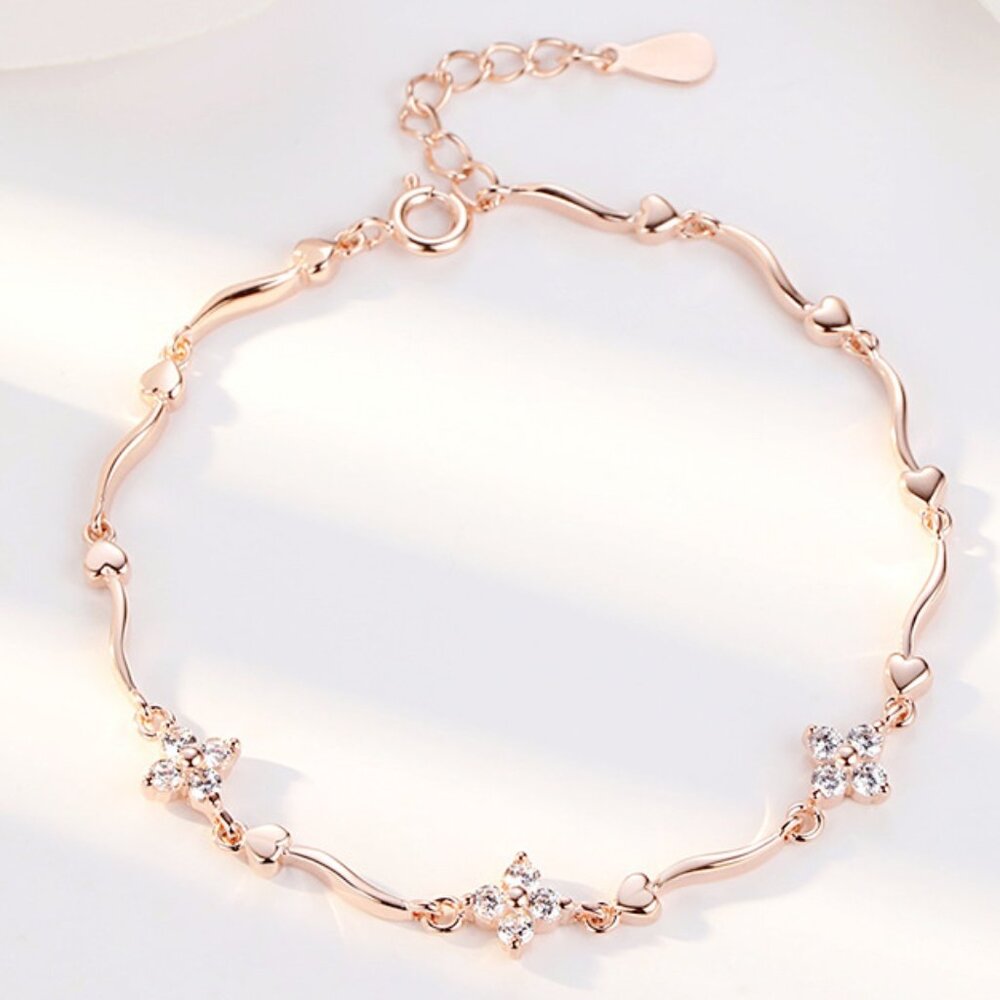 Rose Gold Plated Floral Heart Bracelet Dainty Rhinestone Adjustable Gift